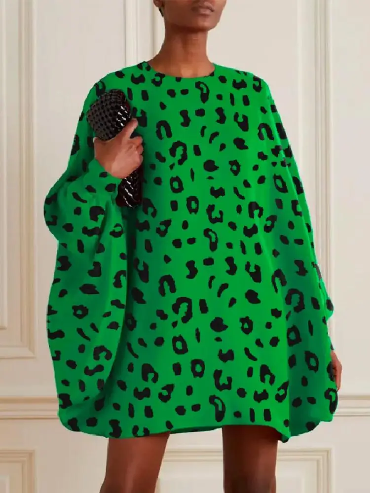 

Yeezzi Leopard Print Batwing Sleeves Long Sleeves Mini Dresses Women Fashion Round-Neck Christmas Party Short Dress 2023 New