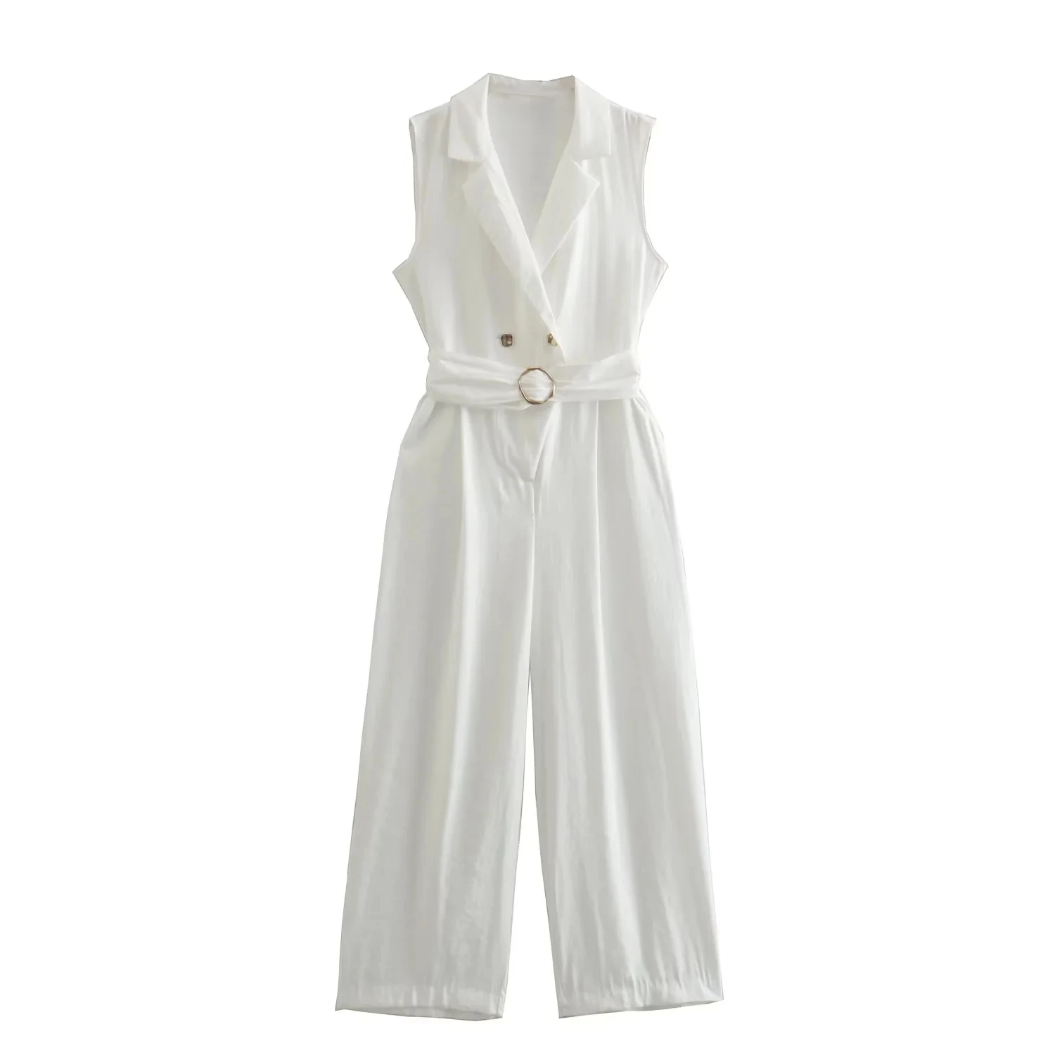 Dave&Di  Pure White Buckle Sashes Loose Sleeveless Jumpsuits Women  England Style Office Lady Fashion Jumpsuits