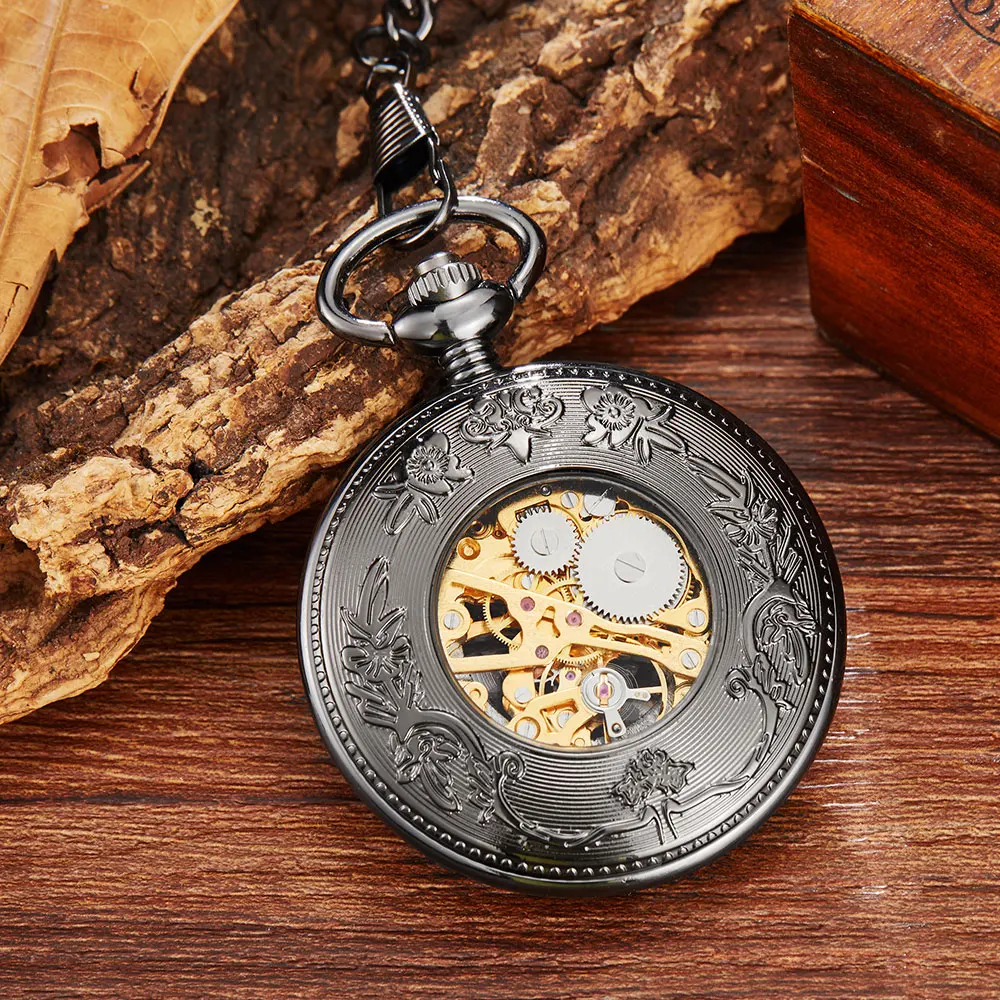 Steampunk Mechanical Pocket Watch Dragon Play Ball Skeleton Hand-wind Flip Clock Fob Watch With Chain For Men Women Collection