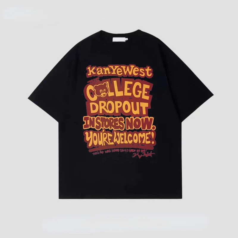 

Kanye College Dropout Bear Cotton T-shirt Fashion Celebrity Graphic Tops High Street Short Sleeve Black Shirt Big Size 4XL Tees