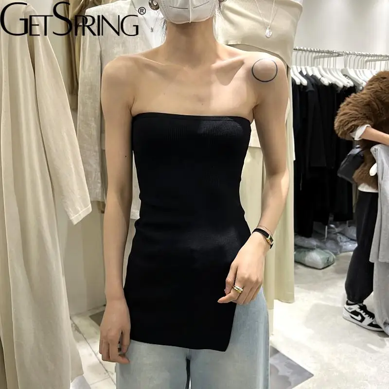 

GetSpring Women Tank Tops Temperament Strapless Sleeveless Backless Sexy Tops Fashion All Match Black Bottoming Spring Summer