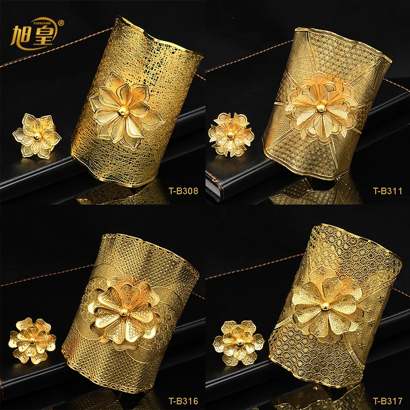 

XUHUANG Dubai Big Bangles With Ring African Bride Wedding Banquet Party Bracelet Jewelry Gifts Arabic Charm Flower Shape Bangles