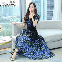 elegantes korean fashion beach dress blue chiffon summer clothes for women long evening dresses floral vestidos de fiesta casual
