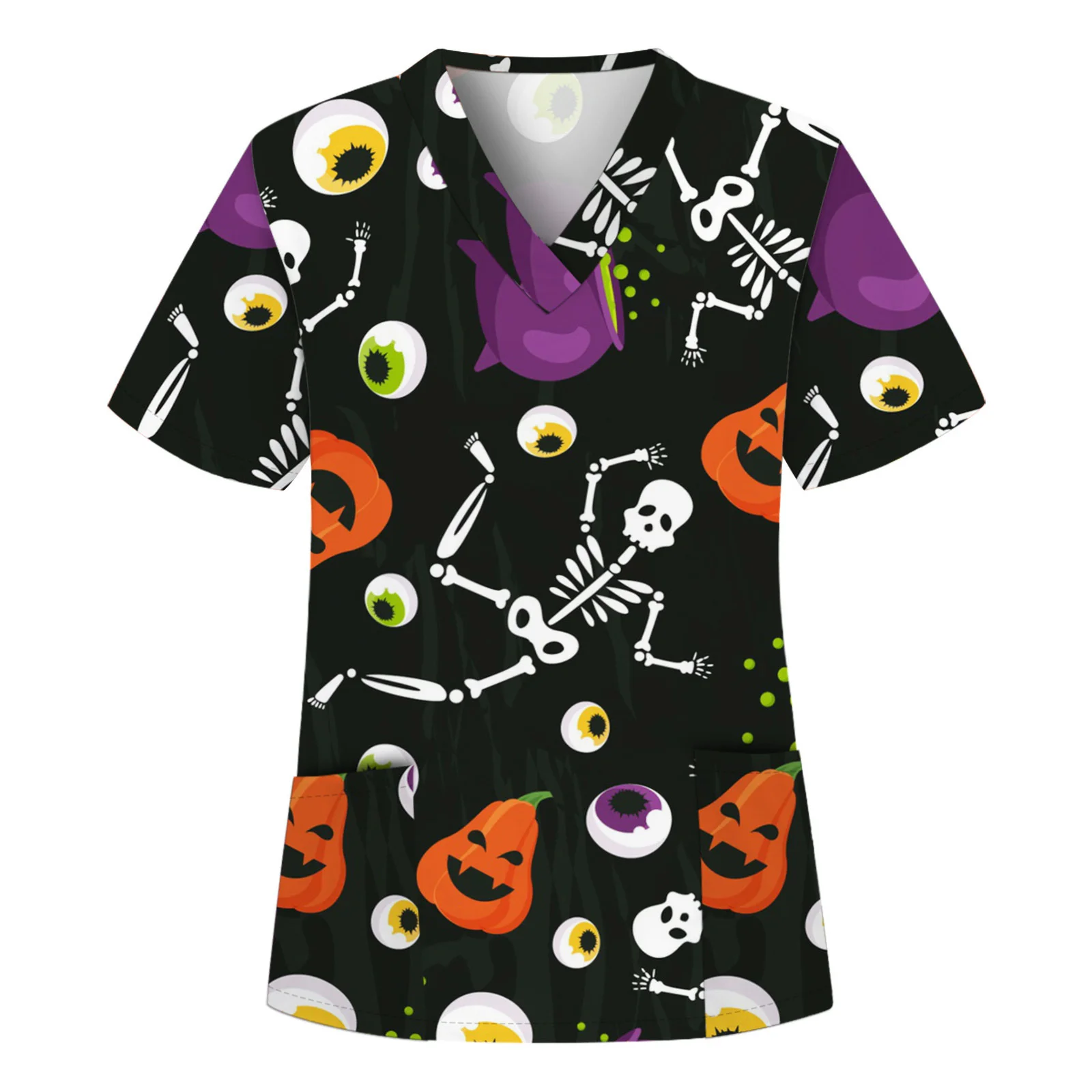 

Halloween Print V-neck Short Sleeves Christmas Nurse Scrub Tops Pumpkin Skull Shirt Short Sleeve T-shirt Doctor Nurse Uniform