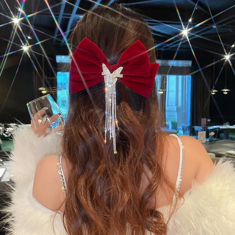 

2022 Korean Big Bow Headdress Hairpin Female Top Clip Metal Butterfly Rhinestone Tassel Clip Hairpin Jewelry Fashion Gift