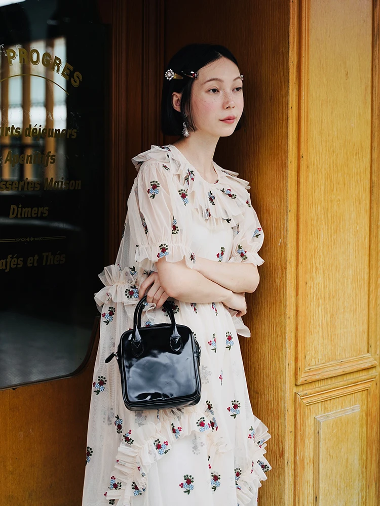 Imakokoni Gauze Dress Women embroidery floral atmosphere original doll neck mid length skirt long sleeve mesh dress	summer