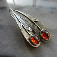 new vintage red stone leaf earrings for women tribal ethnic silver color metal hand carved leaves dangle hook earring jewelry