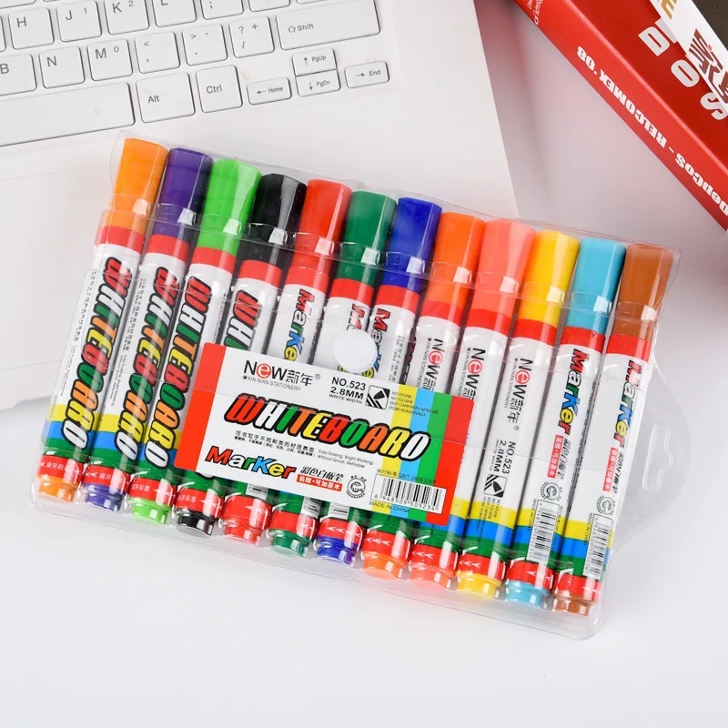 

12 Pcs Erasable Whiteboard Marker Teacher Water-based refillable Ink School Meeting Supplies Children Colorful Brush Pen 2023