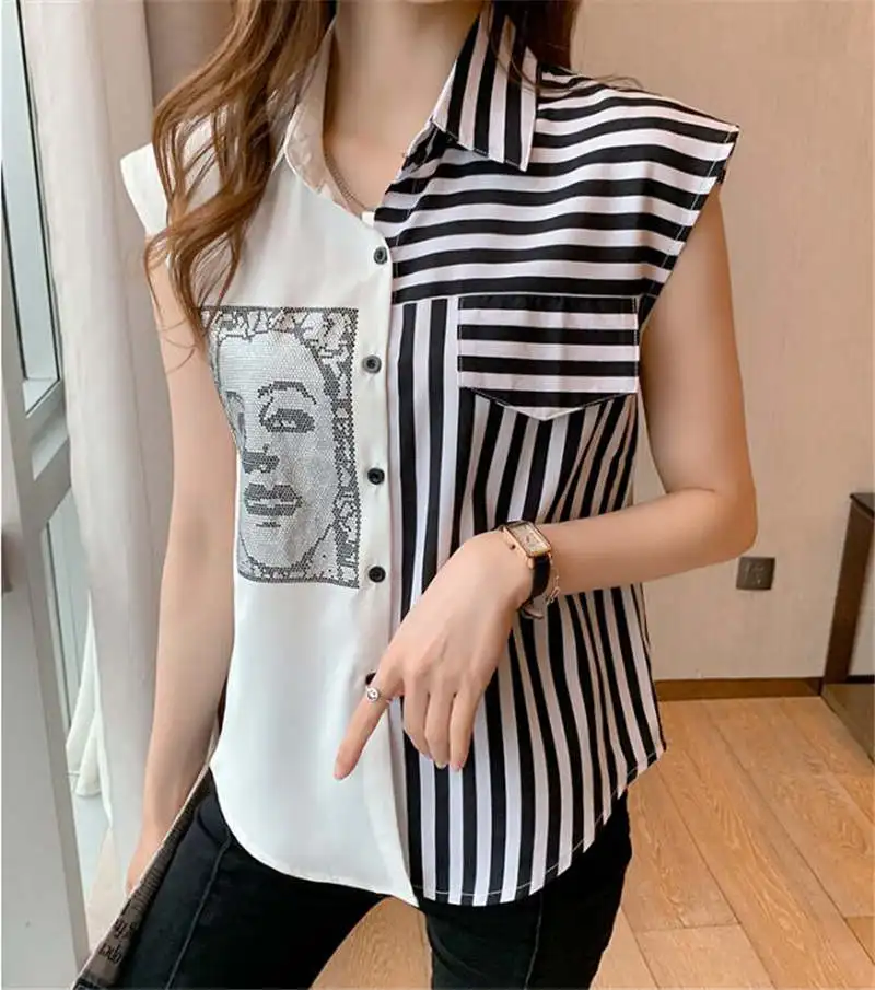 

Women Turn-down Collar Striped Figure Anstract Print Long Sleeve Button-up Blouse Chic Shirt Top