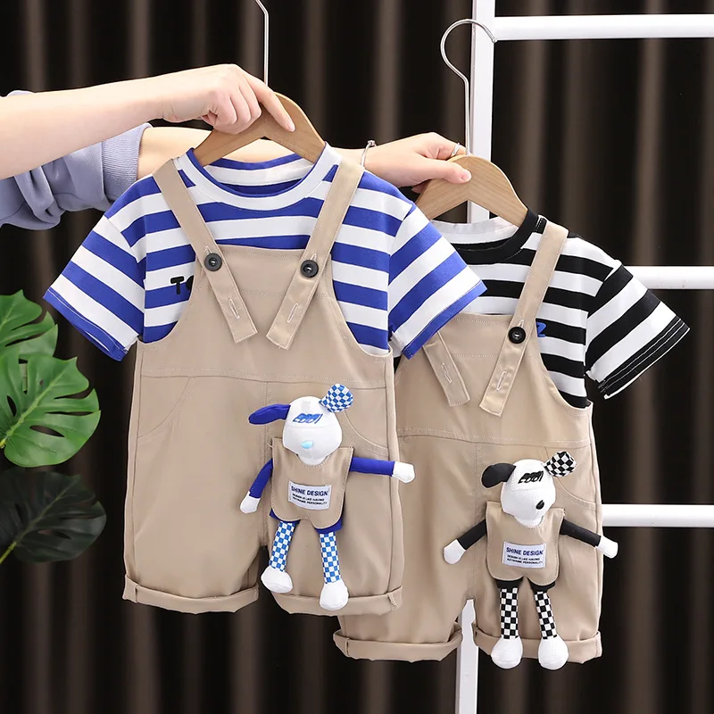 

2023 New Children's Suspenders Short-Sleeved Set Girls Boys Short-Sleeved Striped Top 2-Piece Children's Clothing Tide