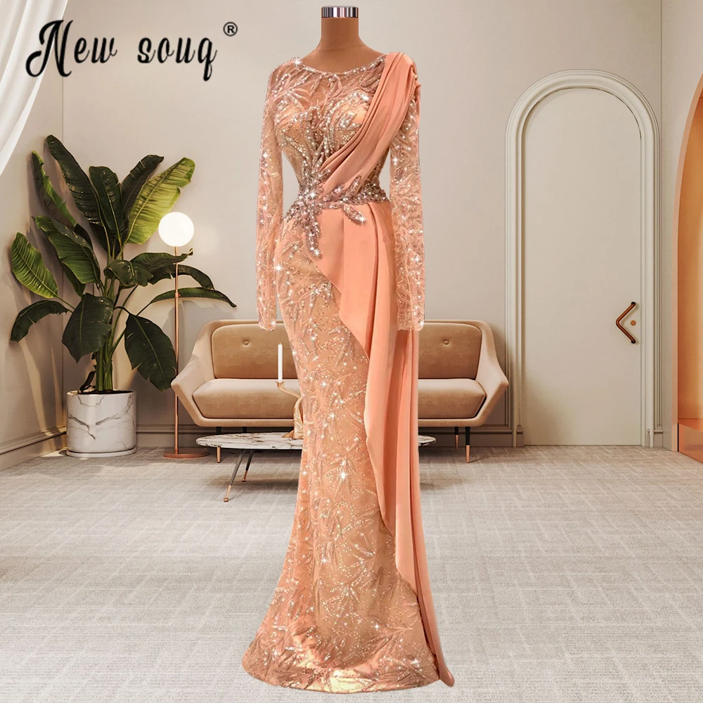 

Gold Champagne Party Gowns Women Formal Long Evening Dresses Plus Size Arabic Beaded Mermaid Evening Dress Robes De Soiree