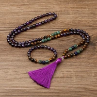 oaiite 8mm japamala rosary beads necklace natural amethyst yellow tiger eye african turquoise stone necklaces bracelet jewelry