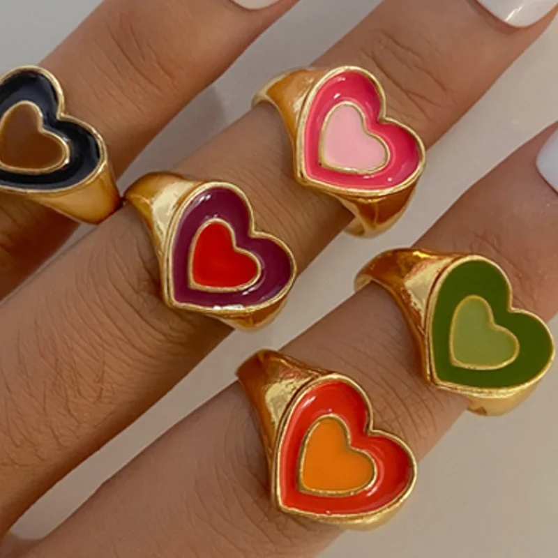 

Korean Double Open Heart Ring for Women Fashion Adjustable Metal Geometric Ring Gothic Color Jewelry Wholesale