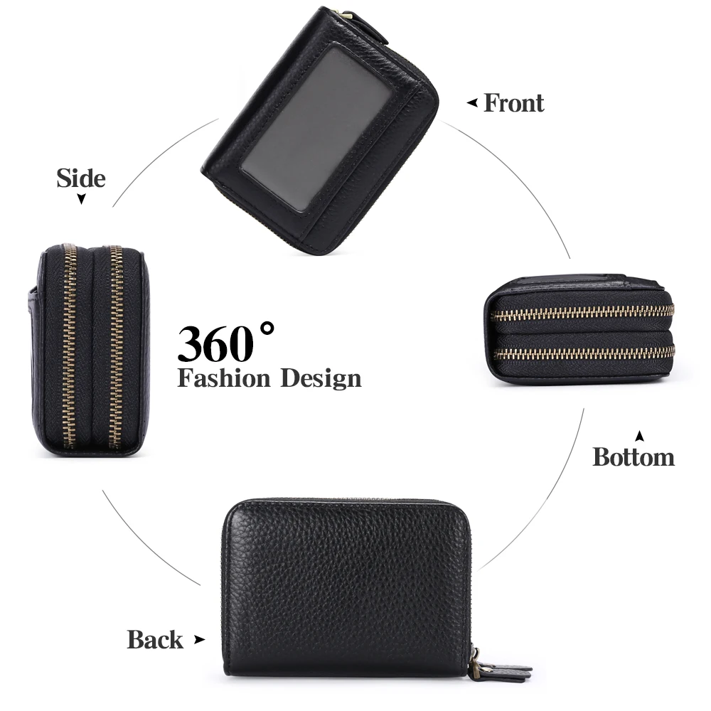 SENDEFN RFID Blocking Fashion Women Card Holder Genuine Leather Wallet Double Coin Zipper Large Capacity Female Wallet Purse