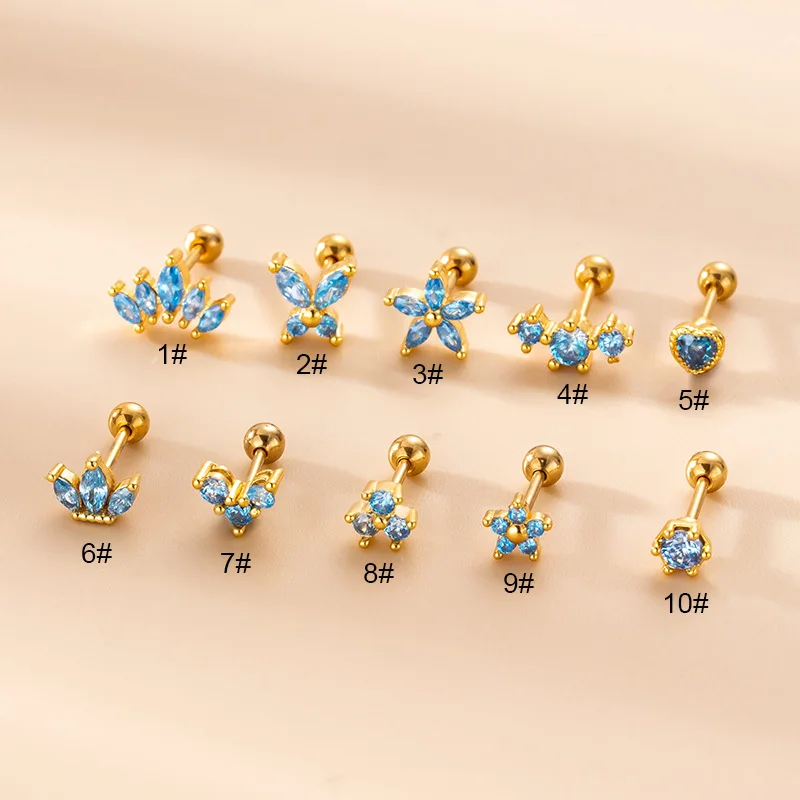 1Piece Blue Zircon Crown Flower Earrings for Women 2022 Jewelry Ear Cuff Double Screw Stainless Steel Piercing Stud Earrings