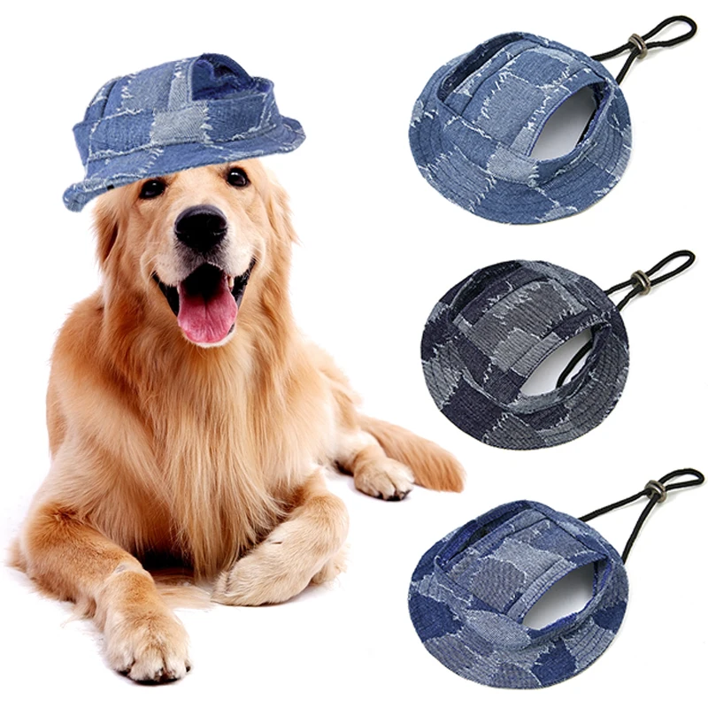 

Pets Dog Fisherman Hat Adjustable Round Brim Dogs Cap With Ear Holes For Puppy Pet Grooming Dress Up Hat Outdoor Porous Sun Cap