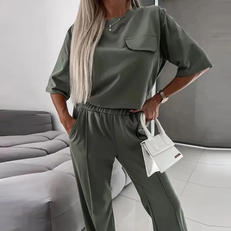 

New Casual Solid Outfits Vintage Women's O-Neck Half Sleeve Pullover Top and Long Pants Suit Fashion Commuter Loose 2 Piece Set