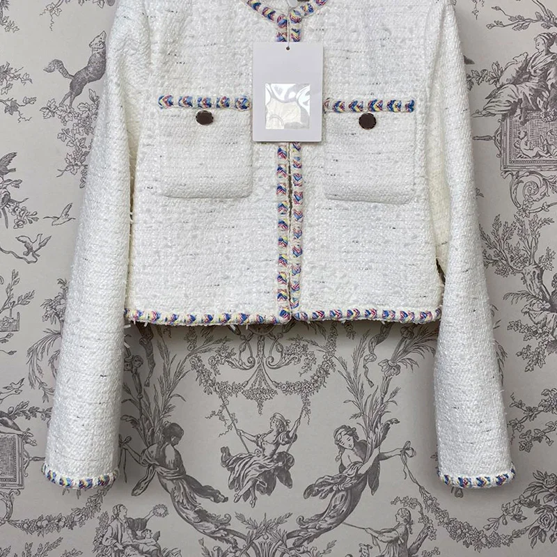 

2023 Autumn Elegant White Tweed Jacket Women Fashion O Neck Long Sleeve Wool Blend Short Coat Lady Office Cropped Top Outwear