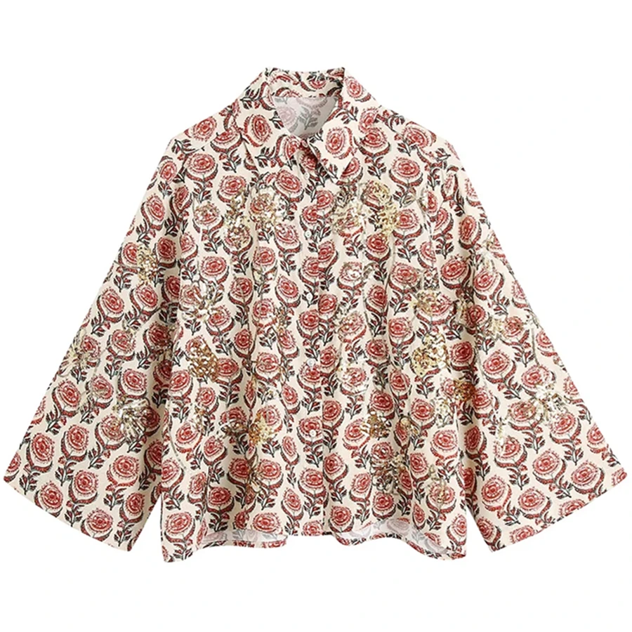 

England Style High Street Retro Floral Print Sequin Embroidery Casual Blouse Women Loose Fashion Shirt Tops