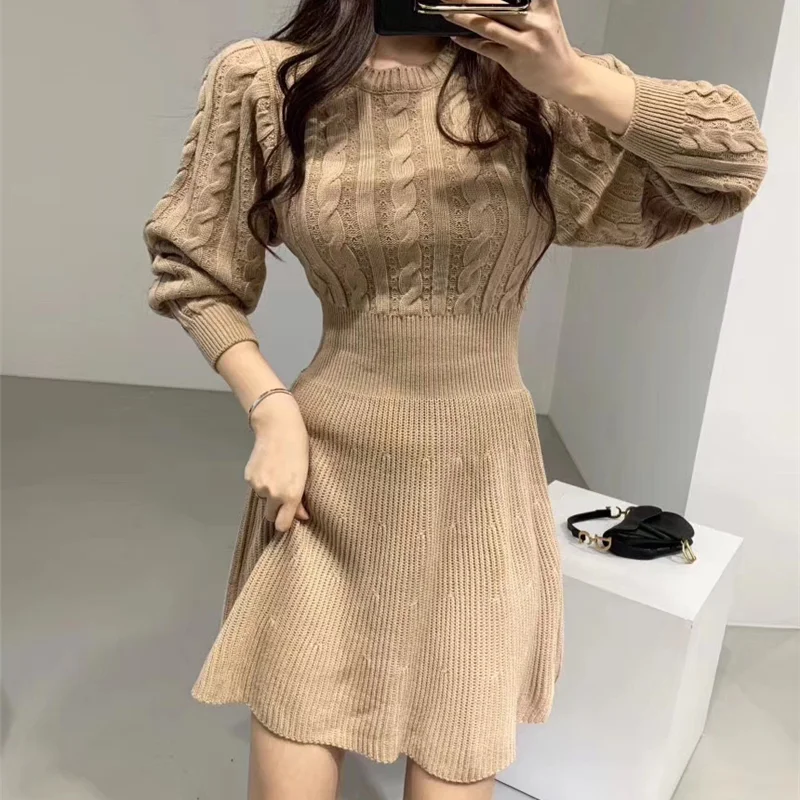 

Fashion Autumn and Winter Knitted Dress Female Twist Pattern Umbrella Pleated Elegant Thick Lantern Sleeve Mini Sweater Dress