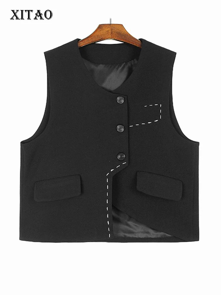 

XITAO Casual Irregular V-neck Vests Fashion Sleeveless Single Breasted Women Autumn Trend Simplicity All-match Top HQQ1653