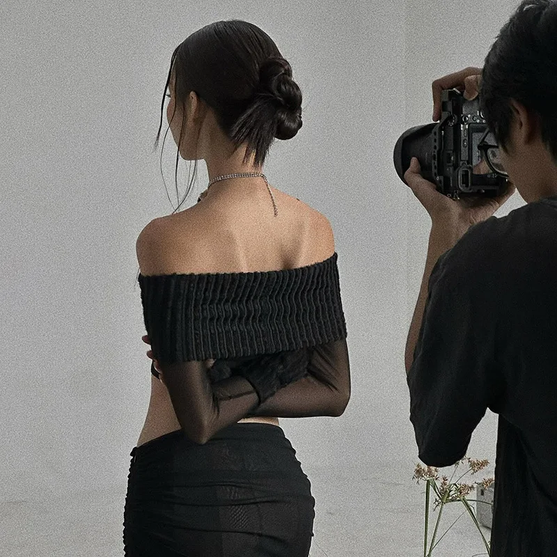 Женский Укороченный трикотажный топ Y2K с открытыми плечами сетчатая Лоскутная