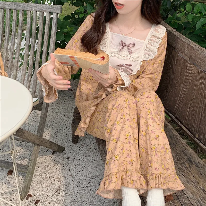 

Plaid Bow Autumn Pajamas Set Floral Print Korean Vintage Two Piece Home Suit Casual Cotton Sleepwear Ruffles Lace Patchwork