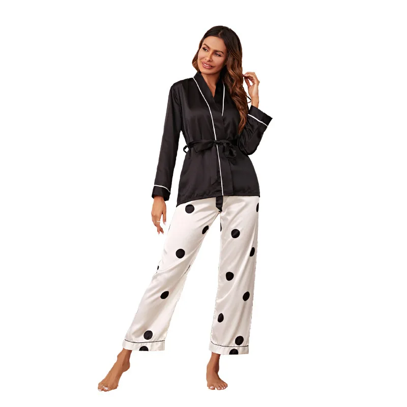 Dot Print Two-Pieces Pajamas Set Silk Satin Pyjamas PJS Women Autumn Winter Homewear Loungewear Long Sleeves Nightwear Sleepwear