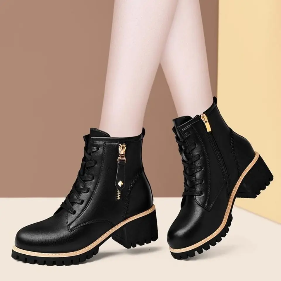 

Женские ботинки до щиколотки, осень 2022, британская ветрозащитная обувь из натуральной кожи на толстом меху, женские короткие ботинки, мотоц...