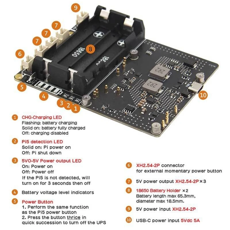 Модуль резервного питания X1201 высокая эффективность для платы RPi 5 XH2.54-2P