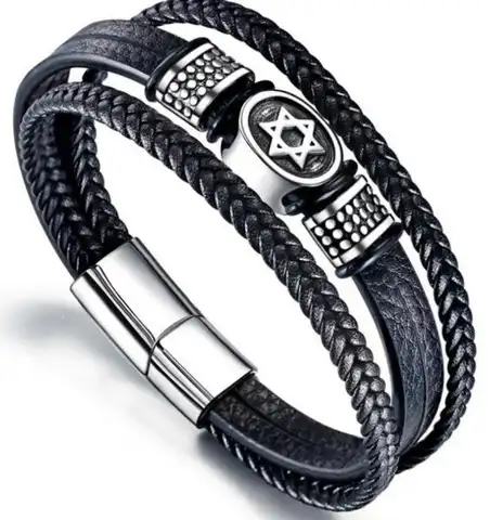 European and American fashionable stainless steel bracelet with a star of David, a multi -layer leather bracelet with a braid, a male amulet, ...
