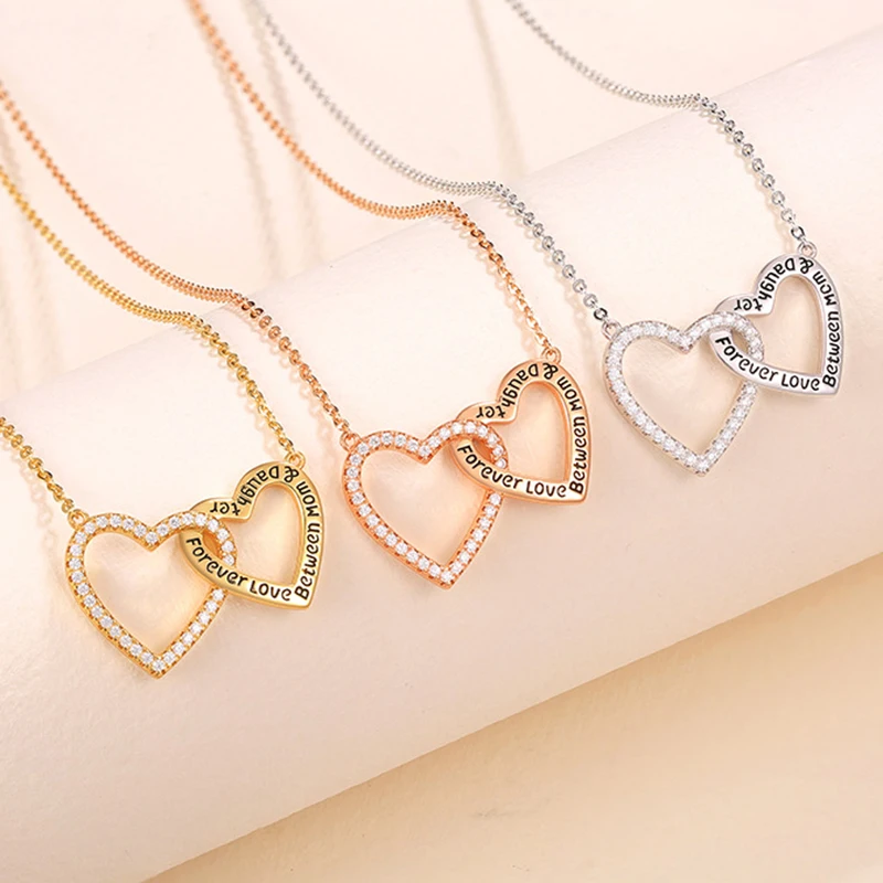 

Luxury 925 Sterling Silver Double Heart Solitaire Necklace for Women Girl Cubic Zircon Mother Kids Necklaces Free Shipping Items