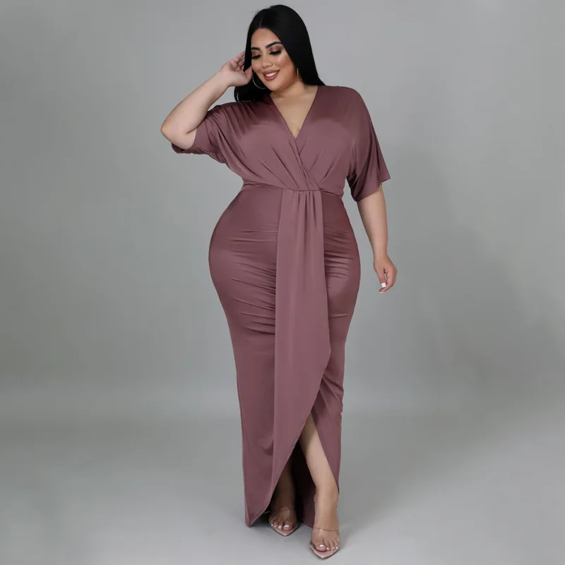 

KEXU Plus Size Women Vintage Batwing Short Sleeve V-neck Ruched High Waist Maxi Long Bodycon Dress Female Fashion Chic Dresses