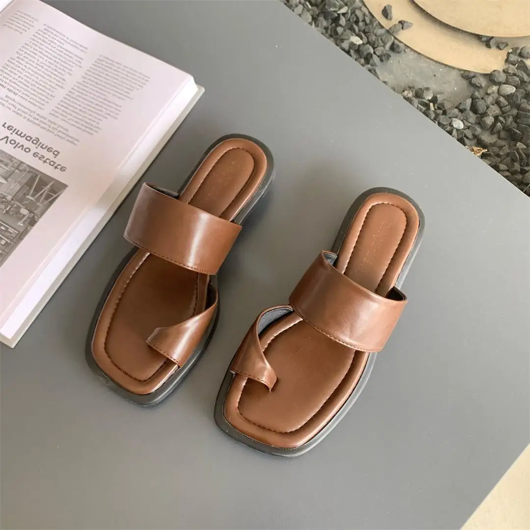 

Shoes Slippers Women Summer Square Toe Pantofle Slides Low Rubber Flip Flops 2023 Hawaiian Rome Fabric Hoof Heels Scandals Basic