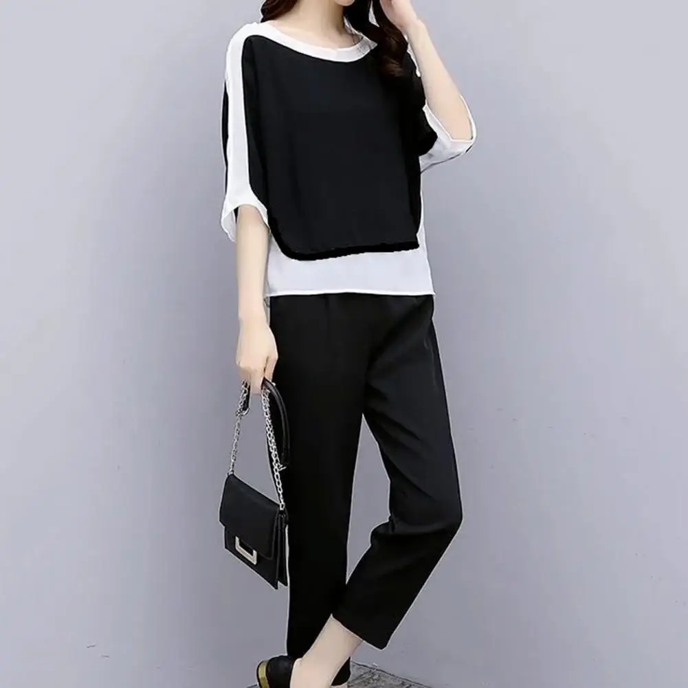 

2Pcs/Set Top Pants Set Mid-rise Casual Outfit Patchwork Color Tee Top Straight Leg Pants Matching Set
