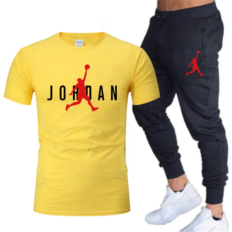 2023 Summer Men's Tracksuit Suit Brand Short Sleeve T-Shirt + Trousers 2-Piece Sets Fitness Jogging Sports Pants Sportswear Suit