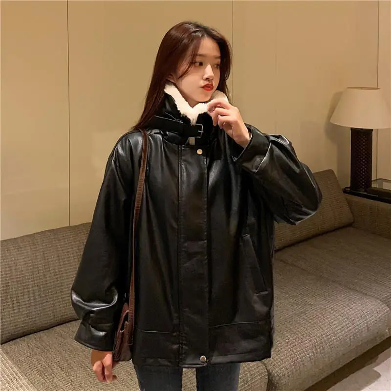 Lamb Leather Jacket Women PU Leather Jacket Thicken Coats Winter Jacket Women 2022 Warm Women's Coat Korean Heavy Jackets Women