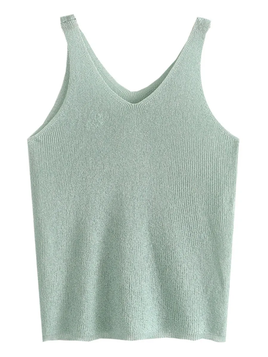 

Plus Size Tops Women Polyester Fashionable Bright Silk Knitting With V-neck Slim Inner Short Tank Tops Summer 2022