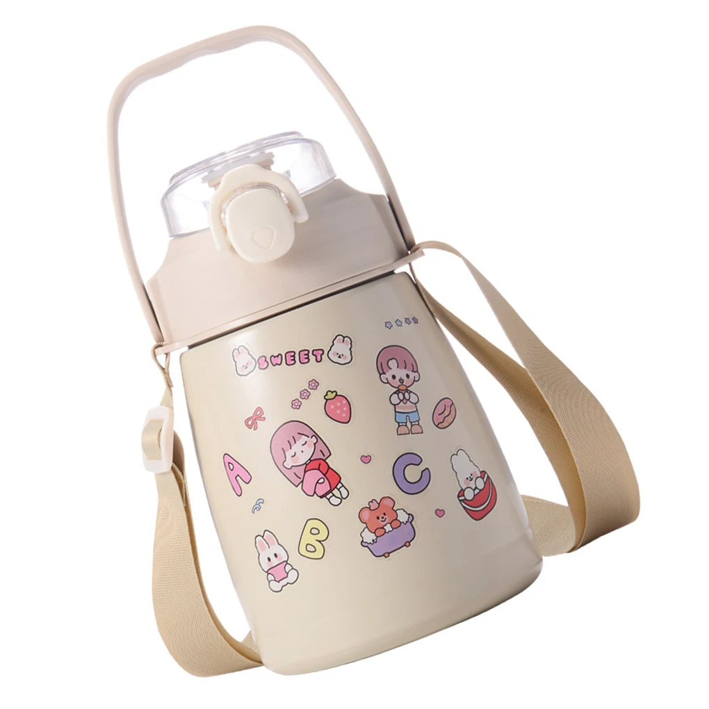 

Бутылочка для воды с ремешком и соломинкой, Женская Герметичная Кружка с 1 л ручками, уличные детские многофункциональные чашки для питья, ф...