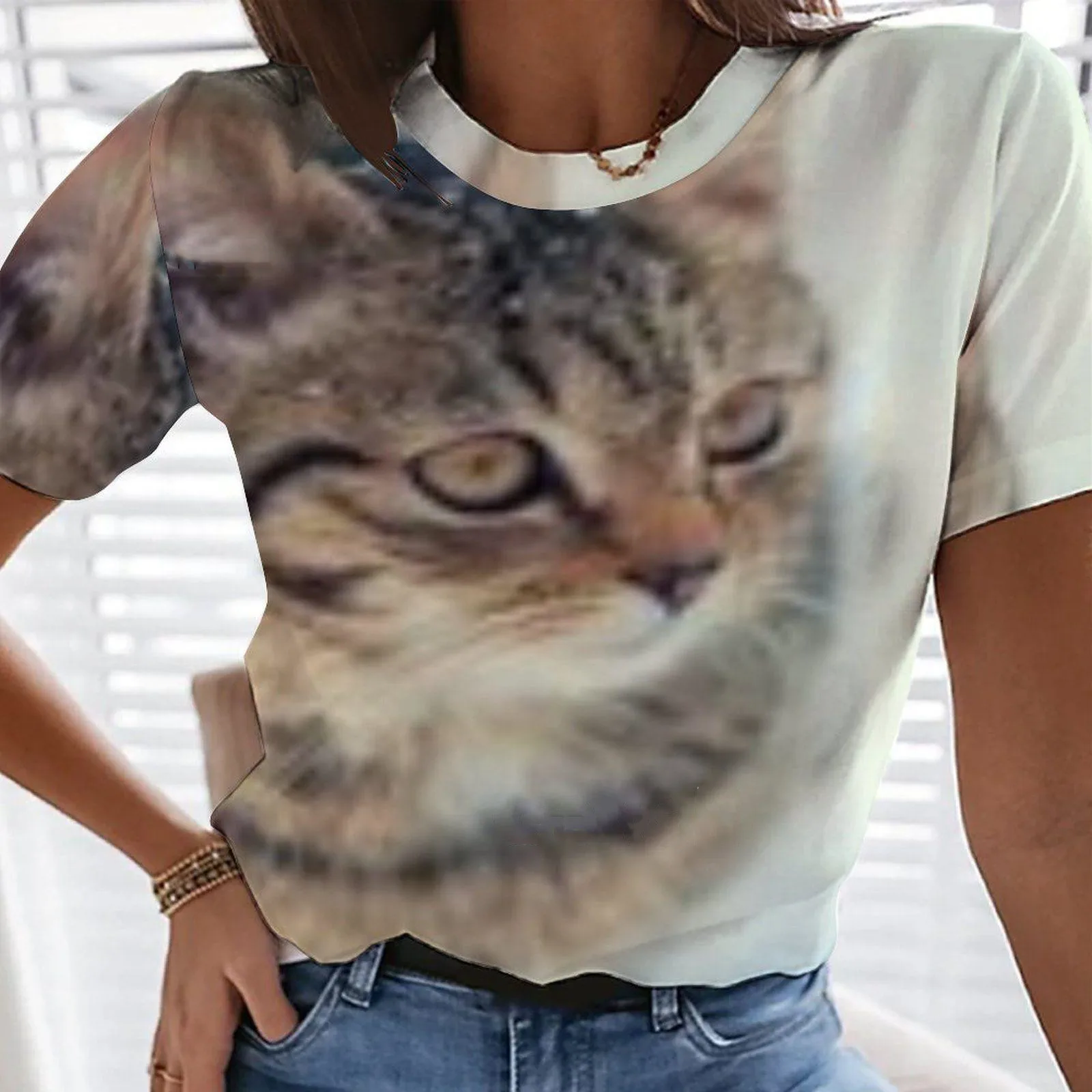

New 3d Cat Print Summer Shirt for Women Kawaii Short Sleeve y2k Top Retro O Neck Clothes T -shirt Comfortable Loose Women
