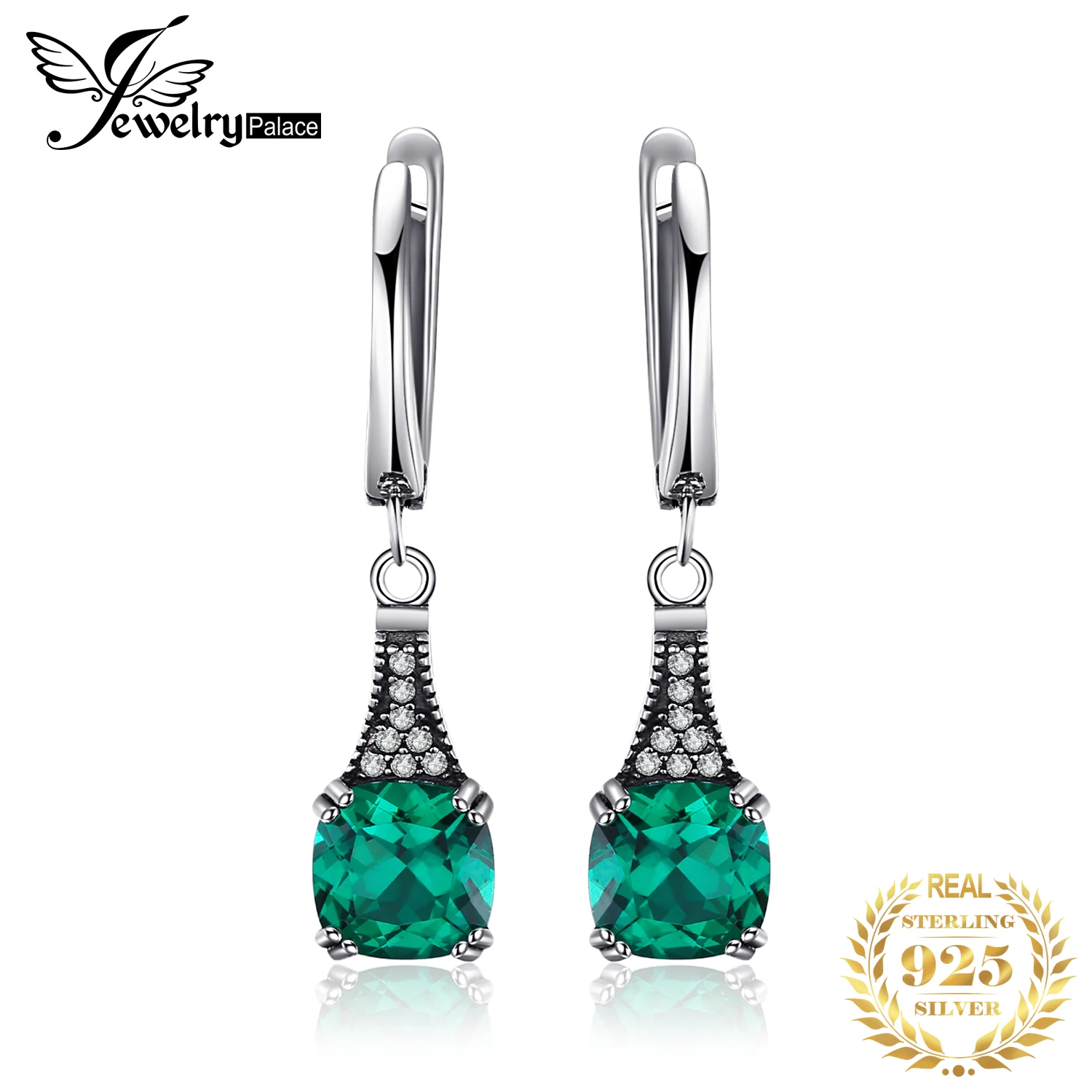 

JewelryPalace Vintage 2.1ct Cushion Simulated Nano Emerald 925 Sterling Silver Hoop Earrings for Woman Gemstone Fashion Jewelry