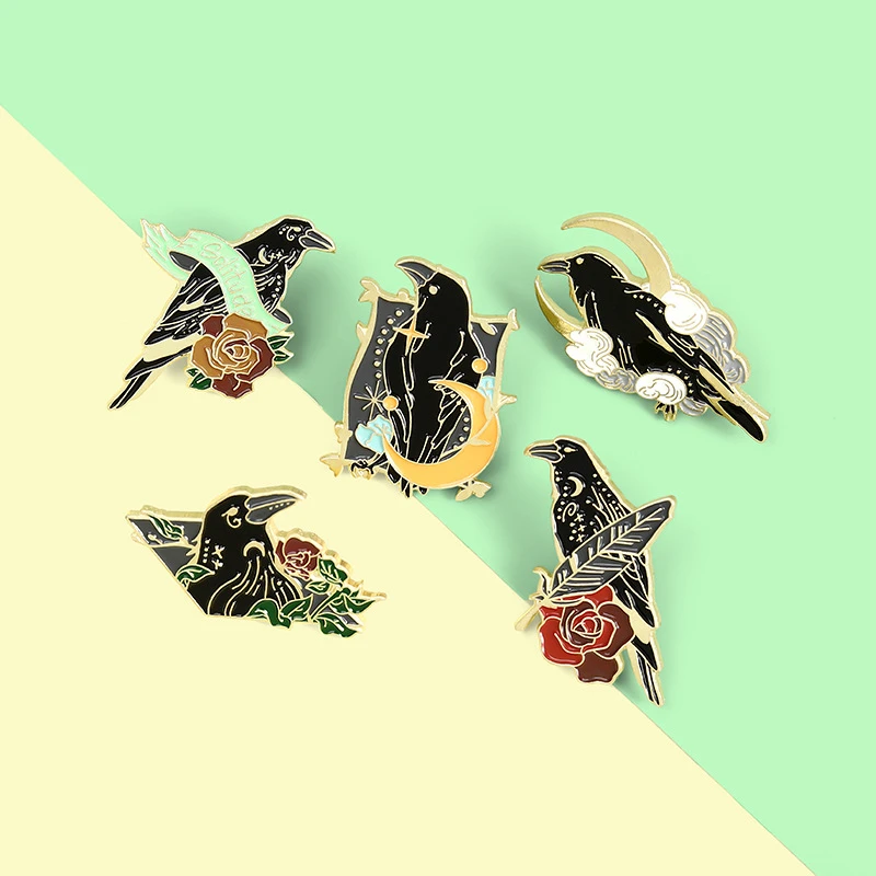 

Bird Shape Brooch Punk Moon Flower Brooch Gothic Crow Raven Bird Feather Lapel Badges Gothic Punk Enamel Pins for Friends Kids