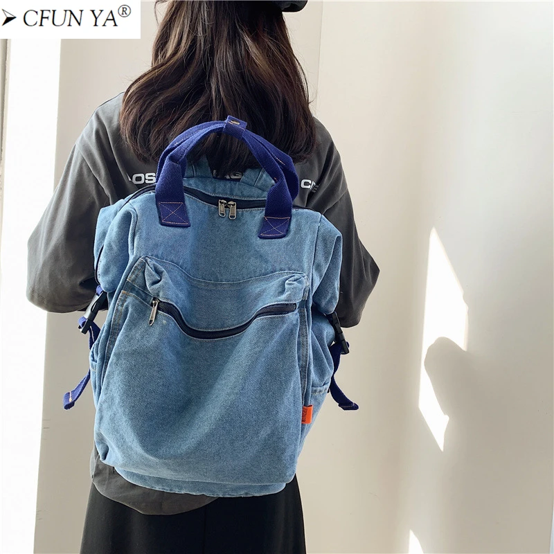 

CFUN YA 2023 Vintage Denim Teen Girls Backpack Big Women Bagpack Travel Causal Students School Bags College mochilas para mujer