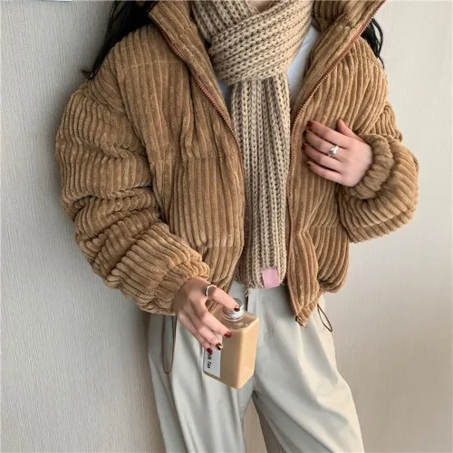 New Women Winter Corduroy Jacket Casual Solid Coat Down Short Thickening Warmth Overcoat Fashion Loose Zipper Jacket Streetwear