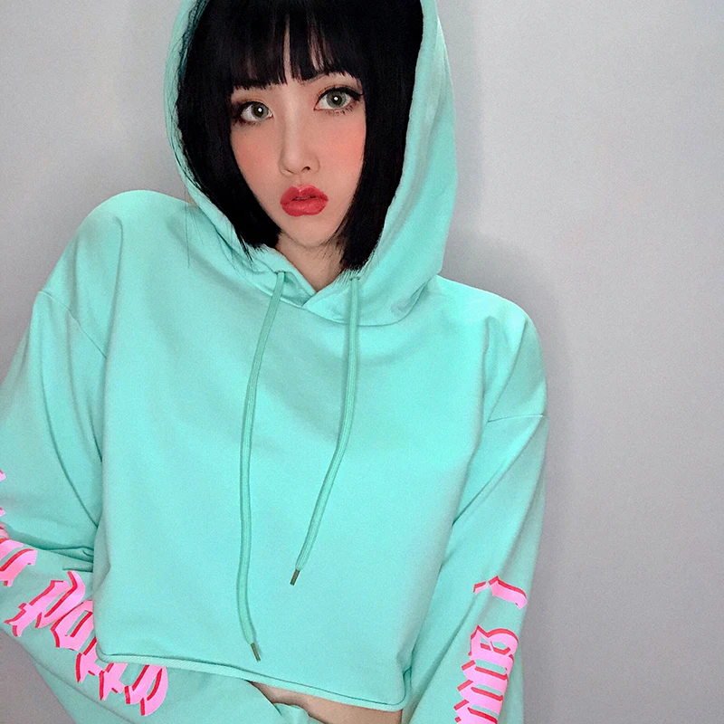 

Streetwear Raglan Long Sleeve Loose Panelled Letter Hoodies Sweatshirt Women 2023 Fall Green Hip Hop Harajuku Crop Top Women