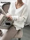 Женские свитера Aachoae сезона осень-зима 2022, повседневный Женский пуловер с V-образным вырезом, Однотонный свитер, Свободный вязаный кашемировый топ с длинным рукавом