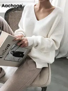 Женские свитера Aachoae сезона осень-зима 2022, повседневный Женский пуловер с V-образным вырезом, Однотонный свитер, Свободный вязаный кашемировый топ с длинным рукавом
