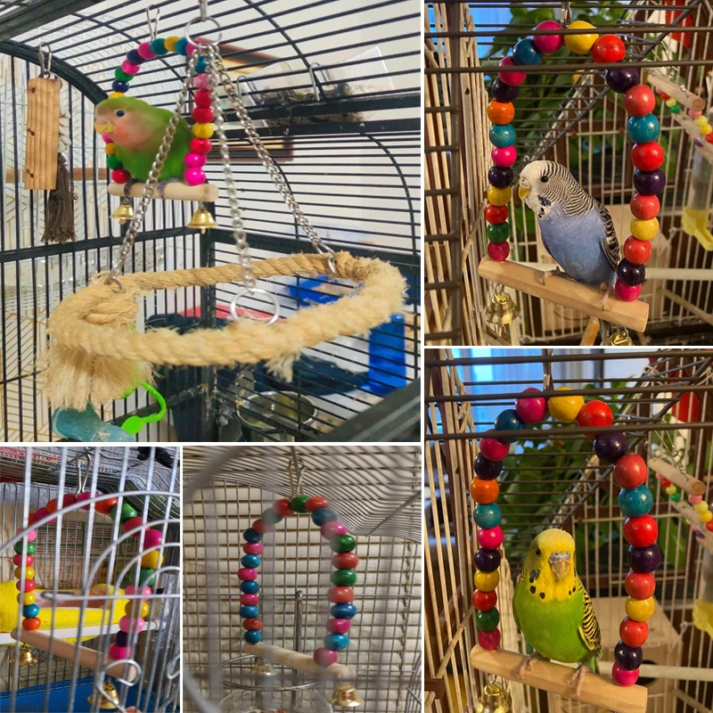 

Natural Wooden Parrots Swing Toy Birds Perch Hanging Swings Cage Colorful Bite Beads Bells Toys Chewing Stand Bird Supplies