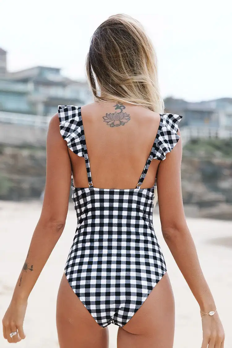 

Fashion Black and White Plaid One Piece Swimsuit Shoulder Ruffles Bikinis Women Swimming Suit Cutout Backless Swimwear