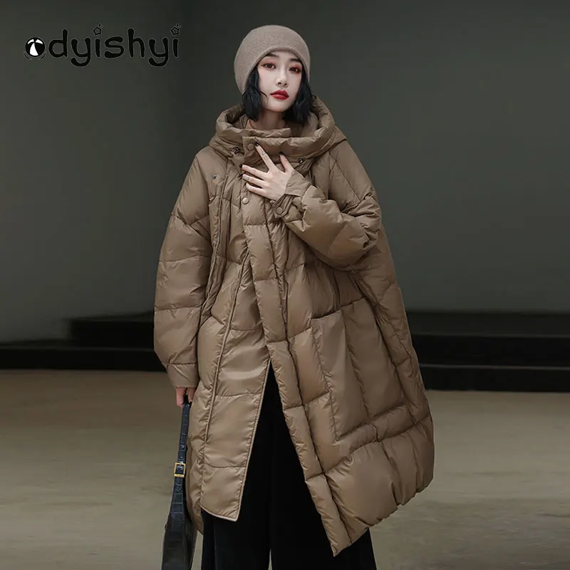 90% White Duck Down Coat Winter Women Hooded Parkas Solid Color Fashion Mid Long Puffer Jacket Loose Warm Outerwear Female YD279